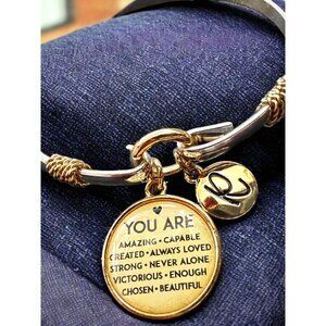 Faithful & Co Silver & Gold Bangle YOU ARE Bracelet with Dangle Initial R Size 7